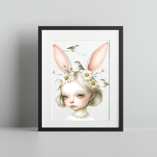 Whimsical Girl with Bunny Ears and Birds Art Print