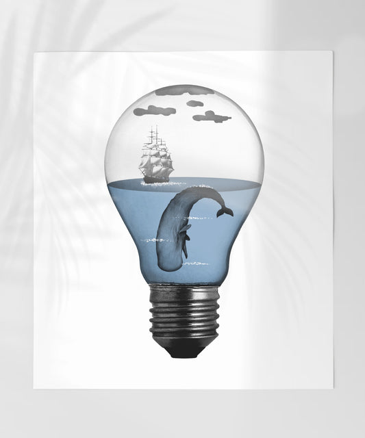 Light Bulb with Whale and Ship Illustration Poster