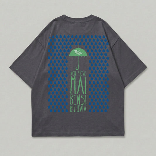 Grey t-shirt with green umbrella and blue rain graphic.