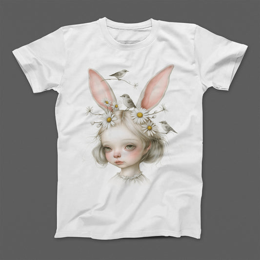 Whimsical Girl with Bunny Ears and Birds Graphic T-Shirt