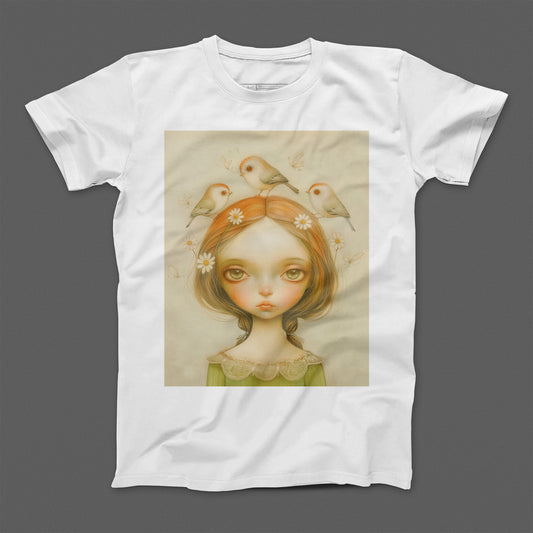 Whimsical Girl with Birds and Flowers illustration t-shirt