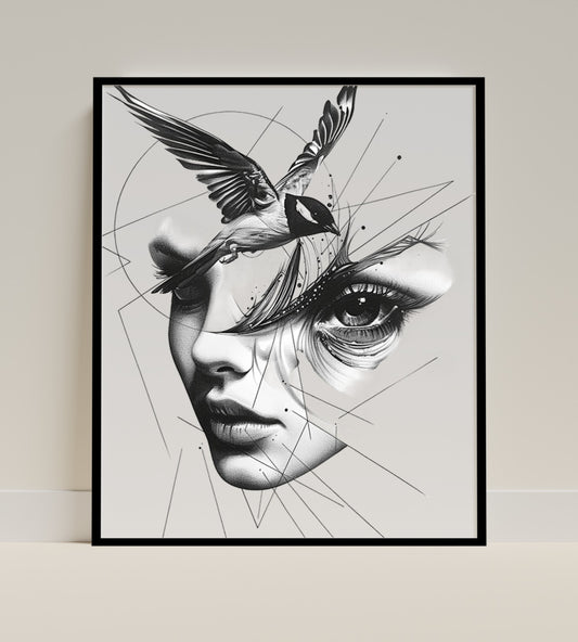 Abstract Face with Bird Art Stylish Wall Decor Print