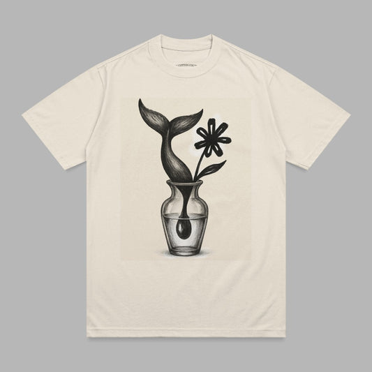 Cream t-shirt with a sketch of a whale tail and flower in a vase.