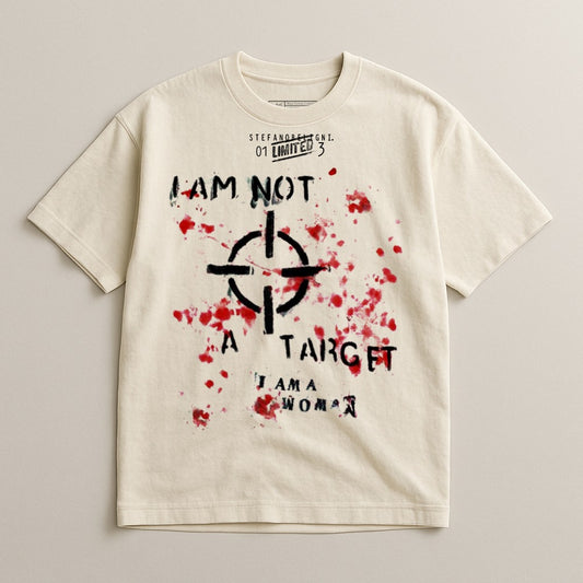 Cream t-shirt with black target and red blood splatter, text "I AM NOT A TARGET I AM A WOMAN".