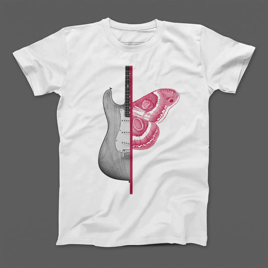 Guitar and Butterfly Split Graphic Design T-shirt