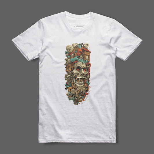 Intricate Skull and Objects Colorful Graphic T-shirt