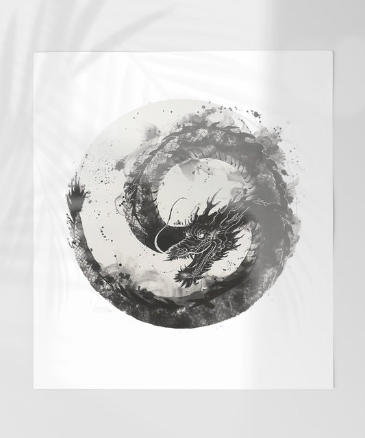 Monochrome Dragon Circle Abstract Art Decor Print
