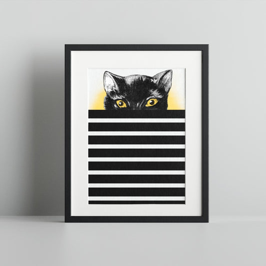 Black Cat Peeking Over Stripes Art Print Wall Decoration