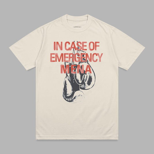 Cream t-shirt with boxing gloves and text "IN CASE OF EMERGENCY MENA".