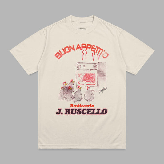 Cream t-shirt with "Buon Appetito" graphic and rotisserie chicken illustration.