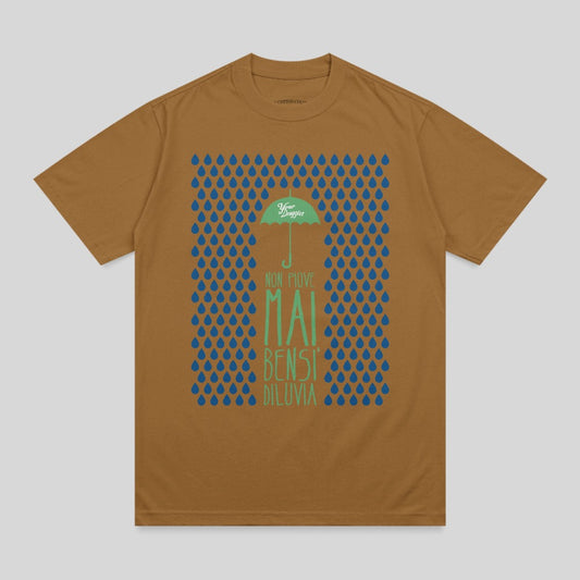 Brown t-shirt with green text and blue raindrops graphic.