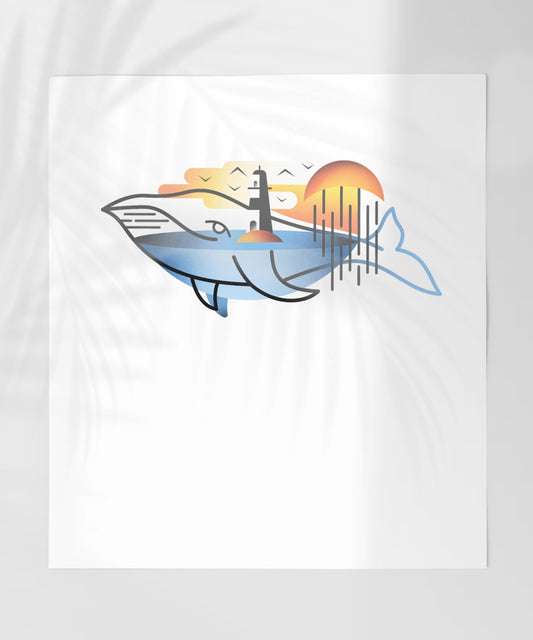 Whale and Lighthouse Sunset Scenic Art Print