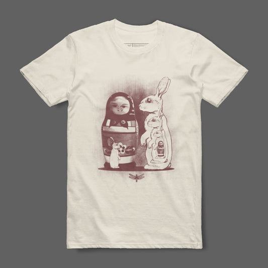 Unique Graphic Tee with Artistic Animal and Doll Print