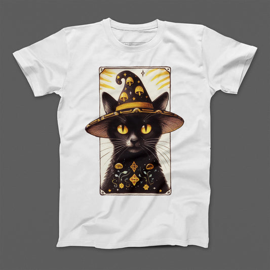 Enchanting Black Cat with Magic Hat Printed T-shirt