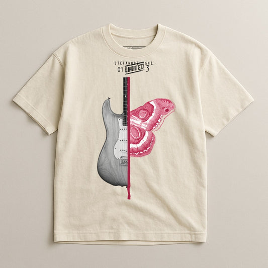 Unique Graphic T-Shirt with Guitar and Butterfly Design
