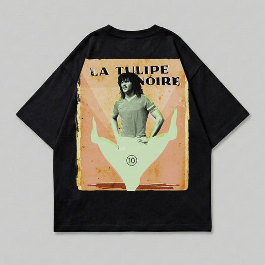 Black t-shirt with graphic of man and text "LA TULIPE NOIRE 10".