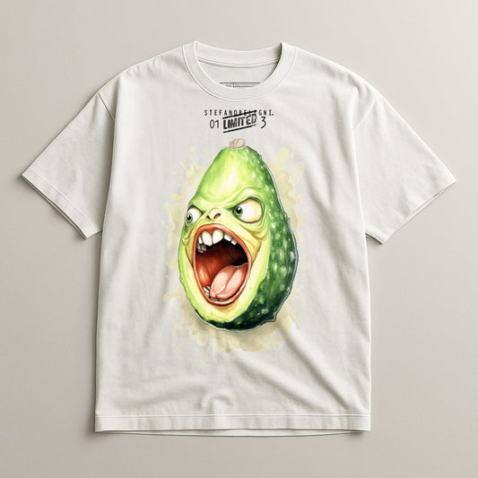 T-shirt with cartoon avocado character with wide eyes and open mouth.