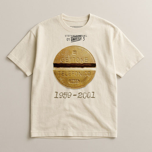 Cream t-shirt with "GETTONE TELEFONICO 1959-2001" printed on a coin graphic.