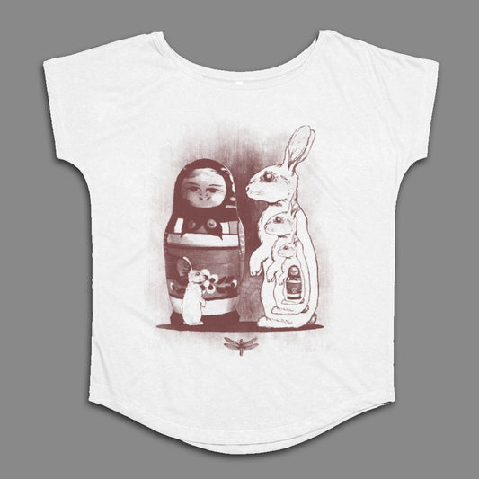 Unique Printed T-Shirt with Matryoshka and Rabbit Design