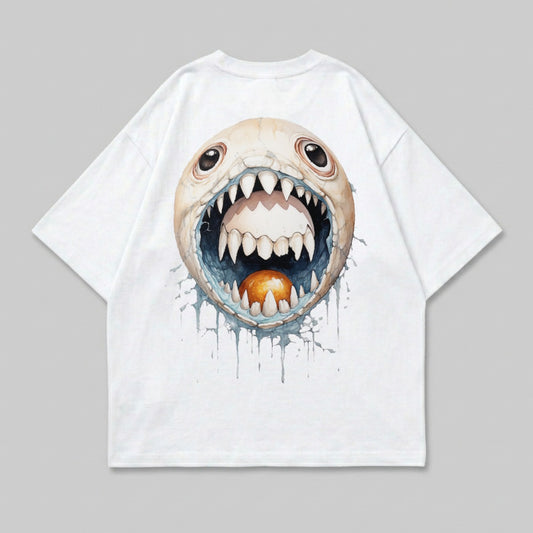 White t-shirt with a cartoonish monster face design, open mouth with sharp teeth.