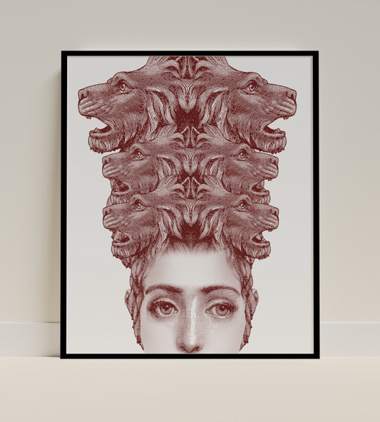 Intriguing Art Print of Woman with Multiplying Lion Heads