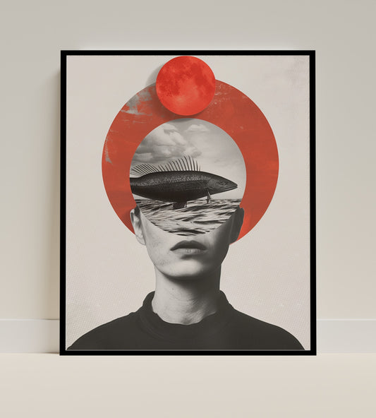 Surreal Artistic Print with Abstract Face and Fish Artwork