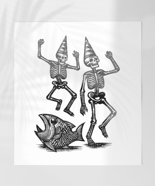 Dancing Skeletons with Fish Illustration Art Poster