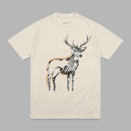 Cream t-shirt with a sketch of a deer with prominent antlers.