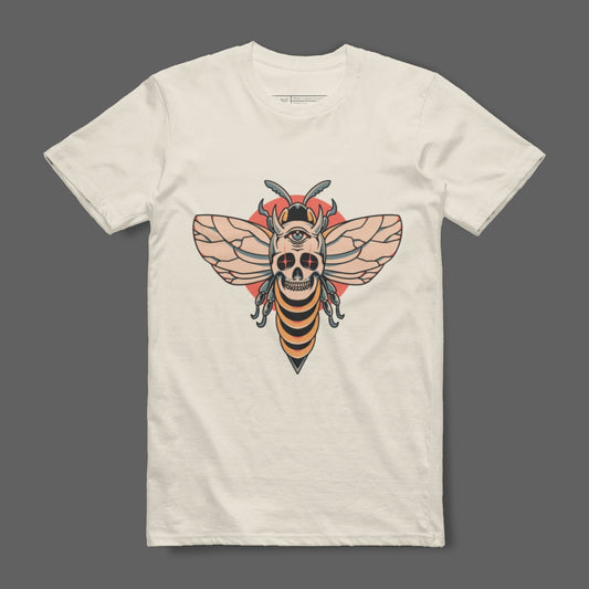 Horned Skull Bee Illustration on White T-Shirt
