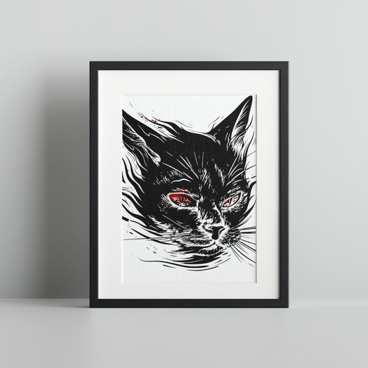 Mysterious Black Cat Wall Art with Red Eyes Framed Print