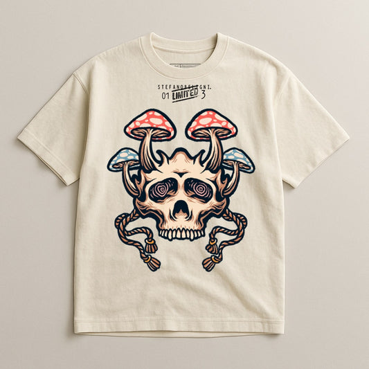 Graphic Tee with Skull and Mushroom Design