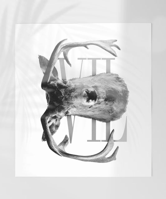 Antlers and Roman Numerals Black and White Print