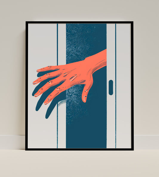 Vibrant Orange Hand Reaching Through Doorway Art Print