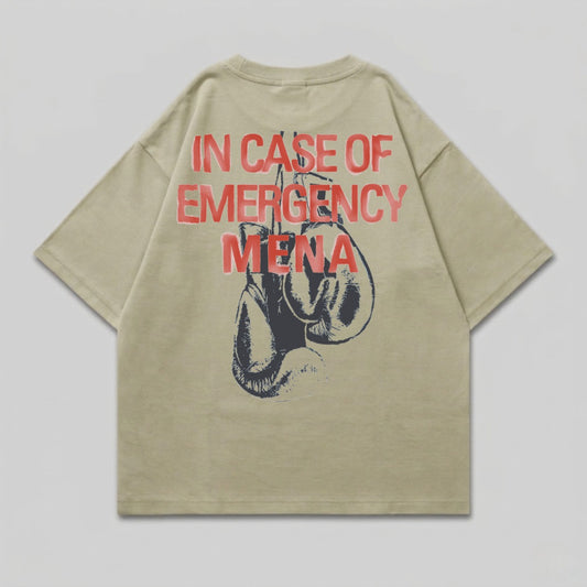 Tan t-shirt with "IN CASE OF EMERGENCY" and boxing gloves graphic.
