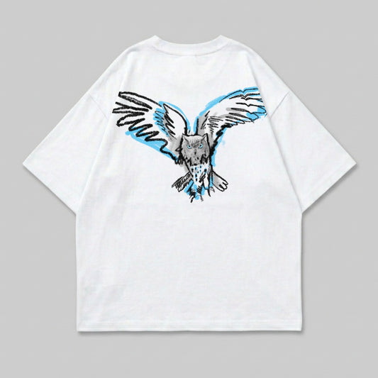 White t-shirt with a sketch of a blue and grey owl with wings spread.