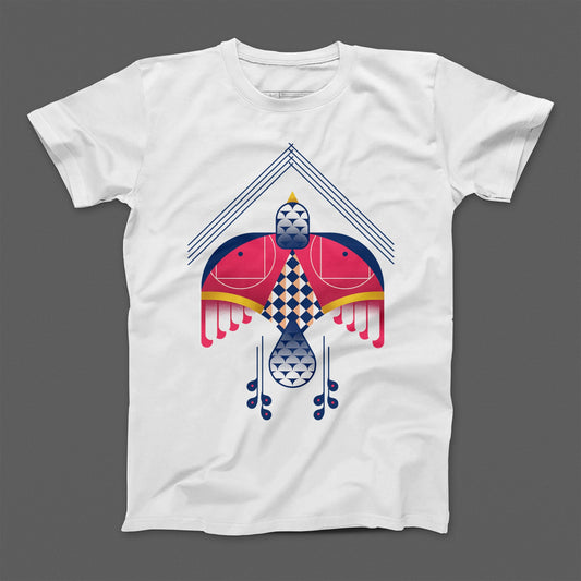 Tribal Geometric Bird Design White T-Shirt
