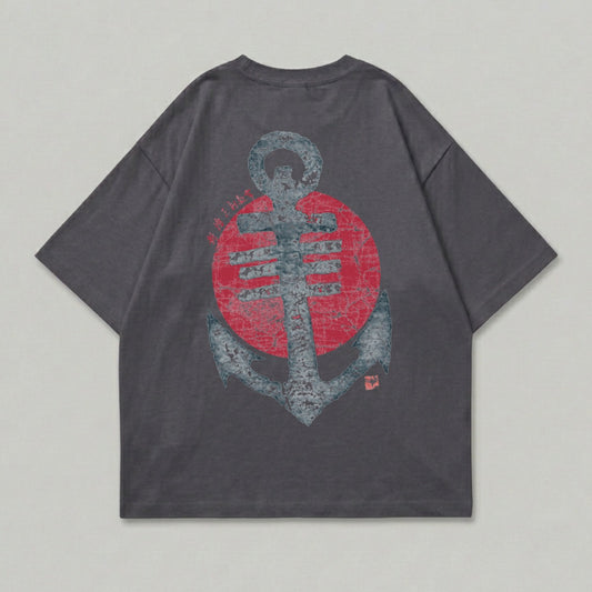 Dark grey t-shirt with distressed anchor and red circle graphic on back.