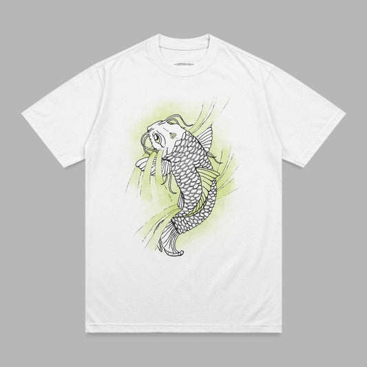 White t-shirt with a black and white koi fish graphic.