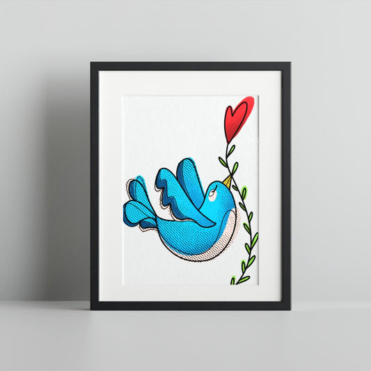 Blue Bird Holding Red Heart Wall Art Print Decor