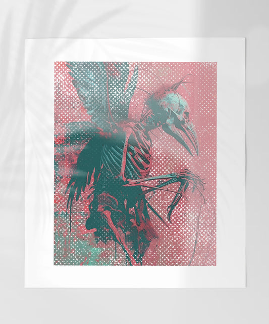 Abstract Skeleton Crow Art Print in Red and Green Tones