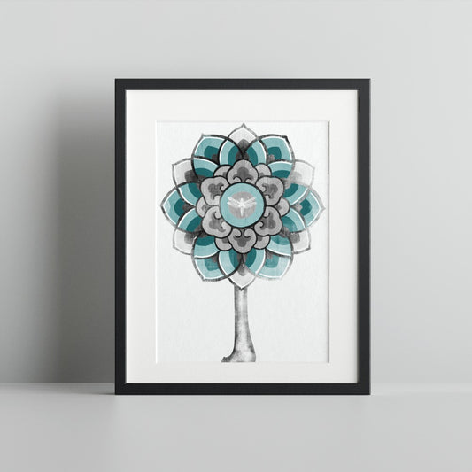 Mandala Style Tree with Dragonfly Artwork Print