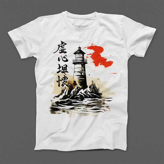 Japanese Lighthouse and Waves Graphic Design Shirt