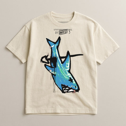Modern Graphic Tee with Unique Abstract Shark Design
