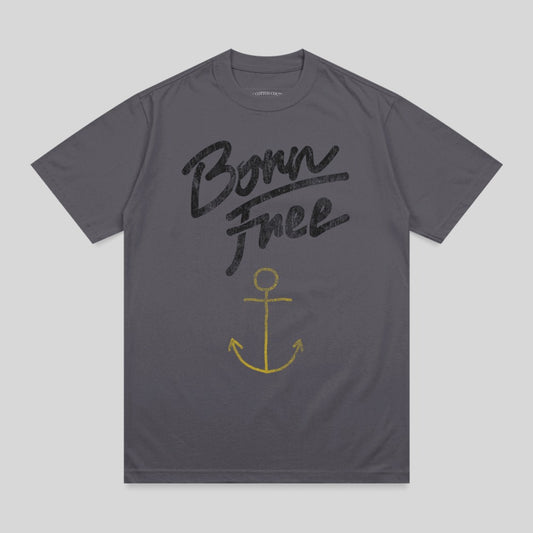 Dark grey t-shirt with "Born Free" text and a yellow anchor graphic.