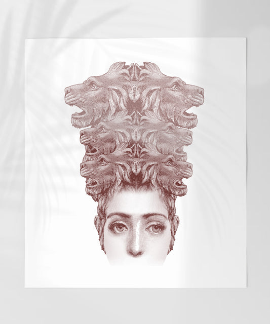 Surreal Faces and Lions Artwork Poster Print