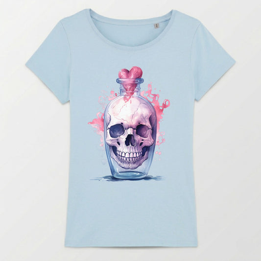 Light blue t-shirt with a pink watercolor splash and a skull in a glass bottle.