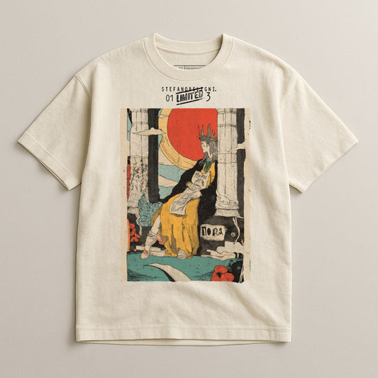 Cream t-shirt with a vintage illustration of a queen in yellow, red, and black.