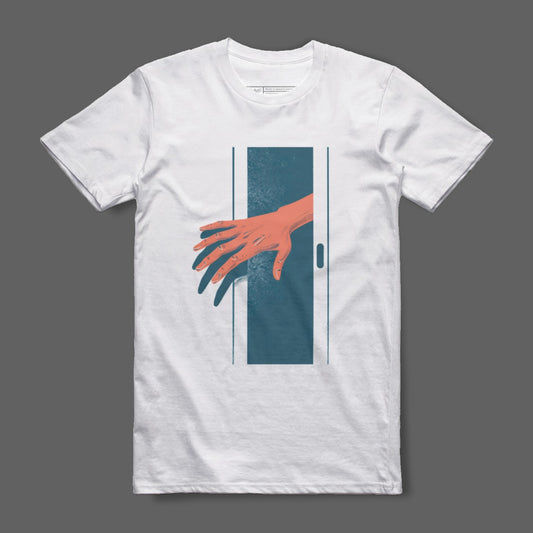 Artistic Graphic T-Shirt with Hand Reaching Through Door