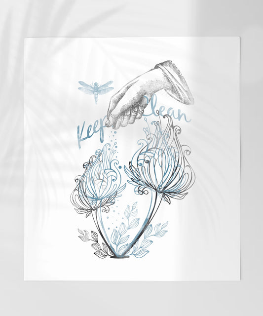 Keep Clean Dragonfly and Flowers Art Print Poster