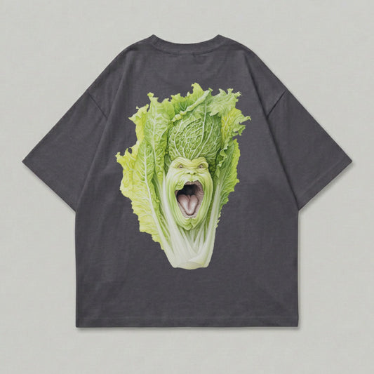 Dark grey t-shirt with a cartoonish, screaming napa cabbage head graphic.